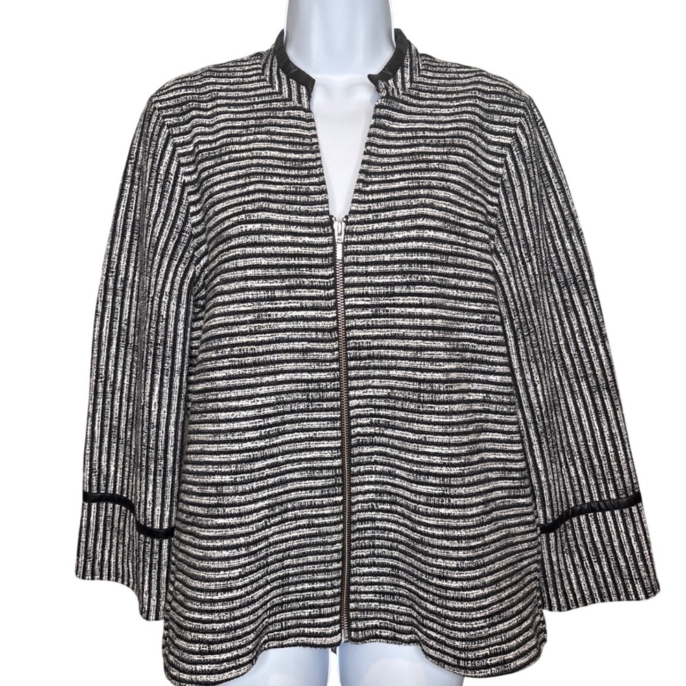 Foxcroft NYC Womens Black White Striped Zip Up Jacket Sz M‎ Chic Modern Preppy